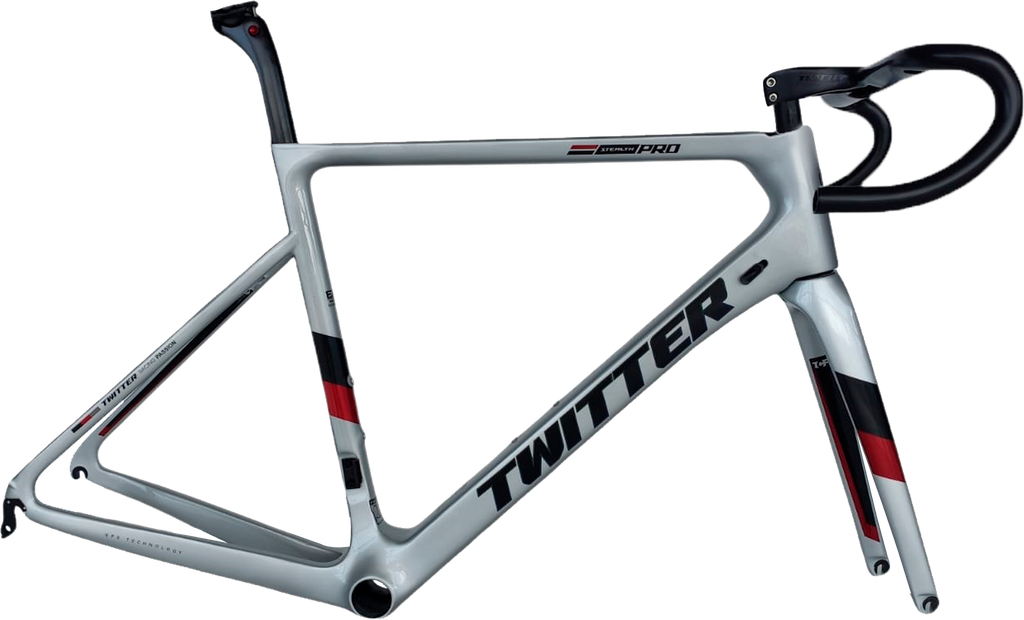 Cuadro TWITTER Ruta STEALTHpro 450mm carbon p/horquillas c/trinche-pilar-timón-pistas trinche/centro-abrazadera-cobertores silver/red 