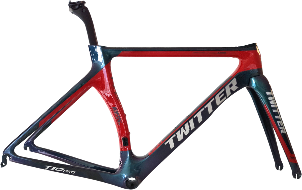 Cuadro TWITTER Ruta T10pro 480mm carbon c/trinche-pilar-pistas trinche/centro-abrazadera red holographic 