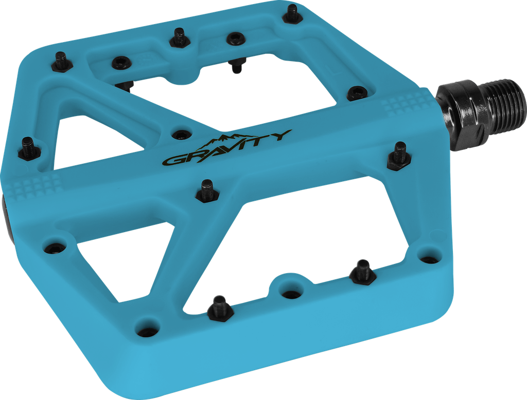 Pedal GRAVITY MTB nylon 9/16" balinera sellada c/tornillo-herramienta celeste par