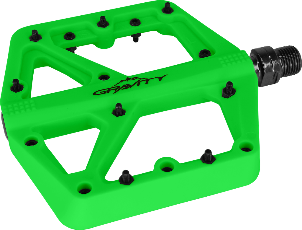Pedal GRAVITY MTB nylon 9/16" rodamiento c/tornillo-herramienta verde neon par